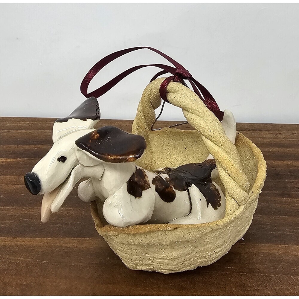 Vtg Artisan Pottery Whimsical Dachshund In A Basket Ornament Claire Barr Wilson